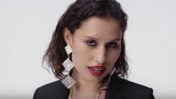 The pair of earrings XL 3 diamonds rhinestone silver worn by Raye in David Guetta feat Raye - Stay (dont Go Away) (Official Video)