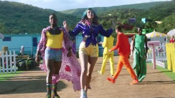 Purple shirt with stars pins and beige shoulders worn by Taylor Swift as seen in her You Need To Calm Down music video