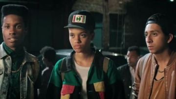 Color block jacket worn by Diggy (Kiersey Clemons) as seen in Dope