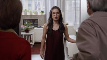 Burgundy dress worn by Sasha Tran (Ali Wong) as seen in Always Be My Baby