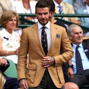 Brown Ralph Lauren veste porté par David Beckham, à Wimbledon, le 11 juillet 2019