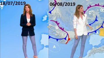 Le pantalon skinny bleu ciel porté par Chloé Nabédian dans la Météo de France 2
