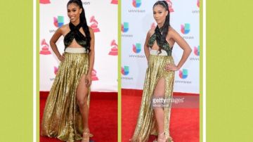 Vestido de acordeón verde terciopelo y dorado usado por Bia en los premios Grammy Latinos 2016