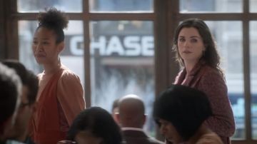 Orange deep-v dress worn by Cafe Hostess (Ayumi Patterson) as seen in Living with Yourself (S01E05)