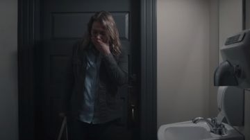 Military jacket in olive worn by Ruby Dixie (Merritt Wever) as seen in Run (Season 1)