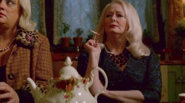Blue & Black Printed Dress worn by Zelda Spellman (Miranda Otto) in Chilling Adventures of Sabrina (S01E03)