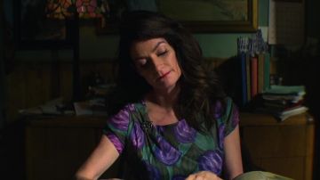 Green and purple dress worn by Mary Wardwell (Michelle Gomez) in Chilling Adventures of Sabrina (S01E03)