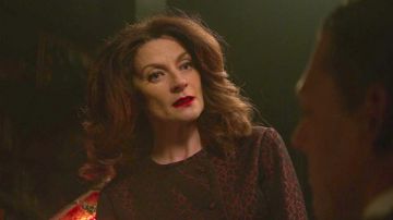 Red and black dress worn by Mary Wardwell (Michelle Gomez) in Chilling Adventures of Sabrina (S01E03)