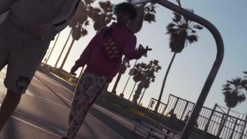 The pants, with white flowers and red stripes on the sides worn by Luv Resval in her video clip Celebration feat. Alkpote