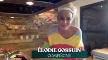 Le pull multicolore de Élodie Gossuin dans l'émission Tous en cuisine avec Cyril Lignac