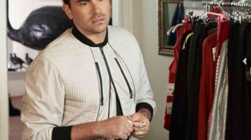 White bomber jacket with black contrast worn by David Rose (Daniel Levy) in Schitt's Creek (S02E10)