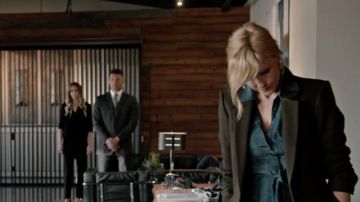 Shiny Blue Teal Midi Dress worn by Beth Dutton (Kelly Reilly) in Yellowstone Wardrobe (Season 3 Episode 9)