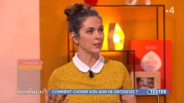 Top jaune col claudine porté par Marie Perarnau dans La maison des maternelles