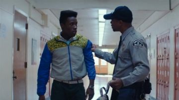 Vintage sport jacket white blue and yellow of Malcolm (Shameik Moore) in Dope