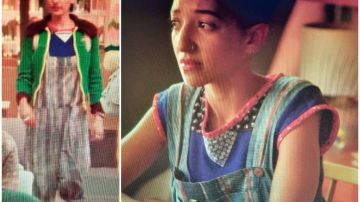 Denim and red striped Dungarees of Ola Nyman (Patricia Allison) in Sex Education (S02E01)