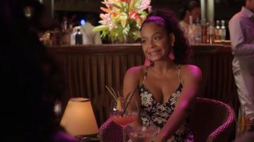 The long flared dress white blue worn by Erica Wilson (Christina Milian) in the film The love complex