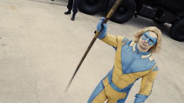 Yellow and blue Costume cosplay worn by Javelin (Flula Borg) as seen in The Suicide Squad movie