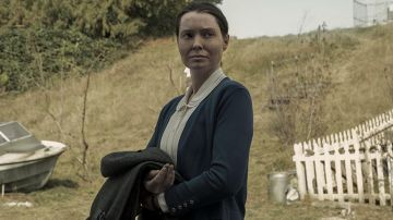 Blue cardigan worn by Samantha Sloyan as seen in Midnight Mass (Season 1)