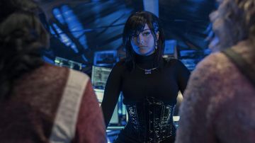 Vinyl bustier worn by Tempe Tina (Bebe Rexha) as seen in Queenpins movie