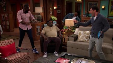 White and Blue Nike Dunk High Sneakers worn by Malcolm (Sheaun McKinney) as seen in The Neighborhood Outfits (Season 4 Episode 1)