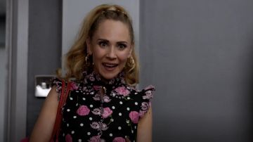 Floral sleeveless blouse in black worn by Keeley Jones (Juno Temple) as seen in Ted Lasso TV series outfits (Season 2 Episode 11)