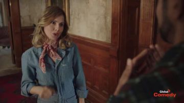 Denim jumpsuit worn by Sam (Rose McIver) as seen in Ghosts TV series wardrobe (Season 1)