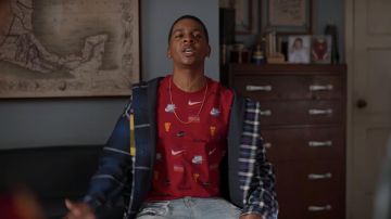 Nike multi swoosh logo printed crewneck tee in red worn by Jamal Turner (Brett Gray) as seen in On My Block (S04E05)