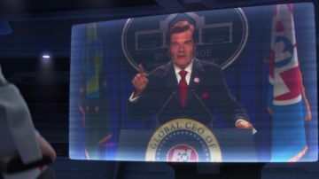 Chaqueta de traje azul oscuro usada por Shelby Forthright (Fred Willard) como se ve en WALL· Película E