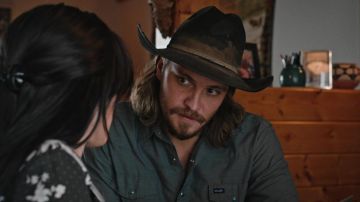 Wrangler denim shirt worn by Kayce Dutton (Luke Grimes) as seen in Yellowstone TV show wardrobe (Season 4 Episode 5)