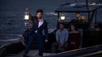 Blue suit worn by Fairfax (Daniel Radcliffe) as seen in The Lost City movie outfits