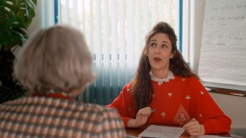 Aces print sweater in red worn by Aline Dieu (Valérie Lemercier) as seen in Aline movie