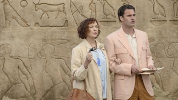 Pink blazer jacket worn by Bouc (Tom Bateman) as seen in Death on the Nile movie outfits