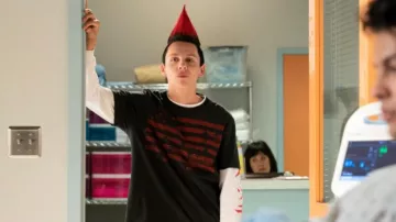 Printed T-shirt worn by Eli 'Hawk' Moskowitz (Jacob Bertrand) in Cobra Kai Tv Show Wardrobe (Season 3 Episode 4)