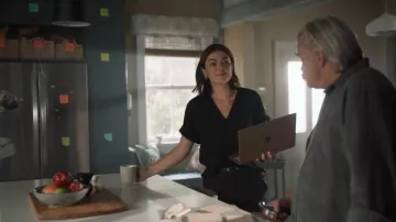 V Neck Oversize Tee worn by Dr. Jenny Cooper (Serinda Swan) as seen in Coroner TV series wardrobe (Season 4 Episode 3)