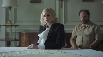 White Blouse Shirt with neck tie worn by Jan Stevens (Gwendoline Christie) as seen in Flux Gourmet movie wardrobe