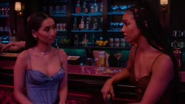 Blue bustier top worn by Madison Maxwell (Brenda Song) as seen in Dollface TV show wardrobe (Season 2 Episode 10)