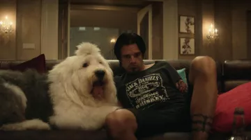 Jack Daniel’s Old No. 7 Tennessee Whiskey T-Shirt in black worn by Tommy Lee (Sebastian Stan) as seen in Pam & Tommy TV show (S01E05)