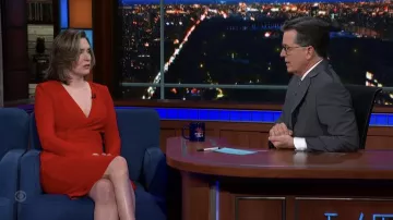 Red dress worn by Margaret Brennan as seen in The Late Show with Stephen Colbert