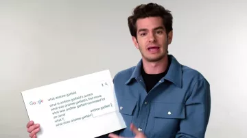 Blue fake leather jacket worn by Andrew Garfield in Andrew Garfield Answers the Web's Most Searched Questions YouTube video by WIRED