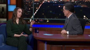 Green printed jumpsuit worn by Julia Ioffe as seen in The Late Show with Stephen Colbert
