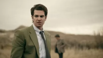 Green suit worn by Pyre (Andrew Garfield) as seen in Under the Banner of Heaven TV show wardrobe (Season 1)