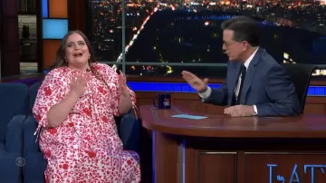 Red and white printed long dress worn by Aidy Bryant as seen in The Late Show with Stephen Colbert