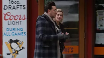 Grey Checkered Wool Hoodie Coat worn by John (Daniel Levy) as seen in Happiest Season movie outfits