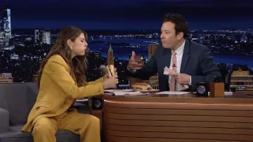 Yellow Mustard Blazer and Pants suit worn by Marisa Tomei as seen in The Tonight Show Starring Jimmy Fallon on March 14, 2022