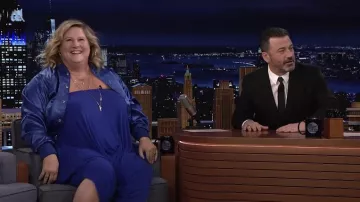 Blue Satin Jacket worn by Bridget Everett as seen in The Tonight Show Starring Jimmy Fallon