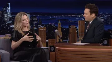 Black silk dress worn by Michelle Pfeiffer as seen in The Tonight Show Starring Jimmy Fallon 