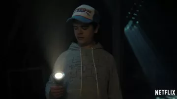Grey Printed Hoodie worn by Dustin Henderson (Gaten Matarazzo) as seen in Stranger Things TV series outfits (Season 4)