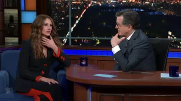Navy Blue Dress with hearts details worn by Julia Roberts as seen in The Late Show with Stephen Colbert