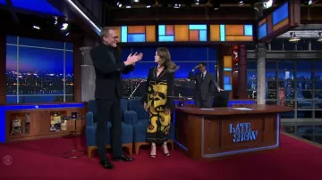 Printed Pants and Jacket ensemble worn by Claire Foy as seen in The Late Show with Stephen Colbert