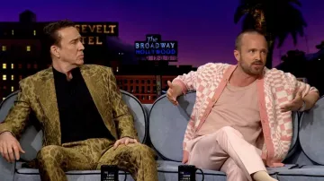 Pink Check Cardigan worn by Aaron Paul as seen in The Late Late Show with James Corden